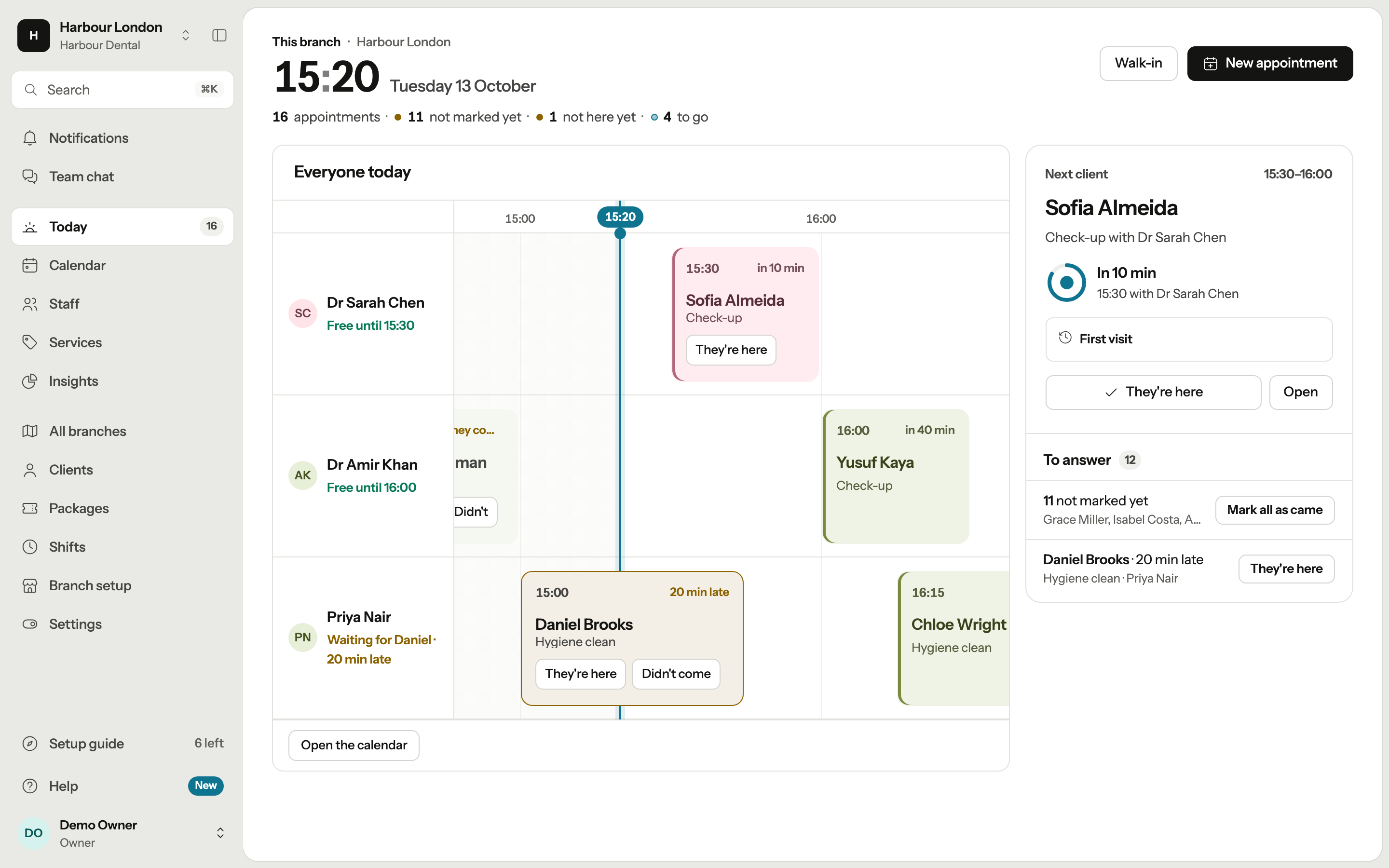 Rotiera Today: staff timelines, arrivals and the next client in a fictional Harbour Dental demo business.